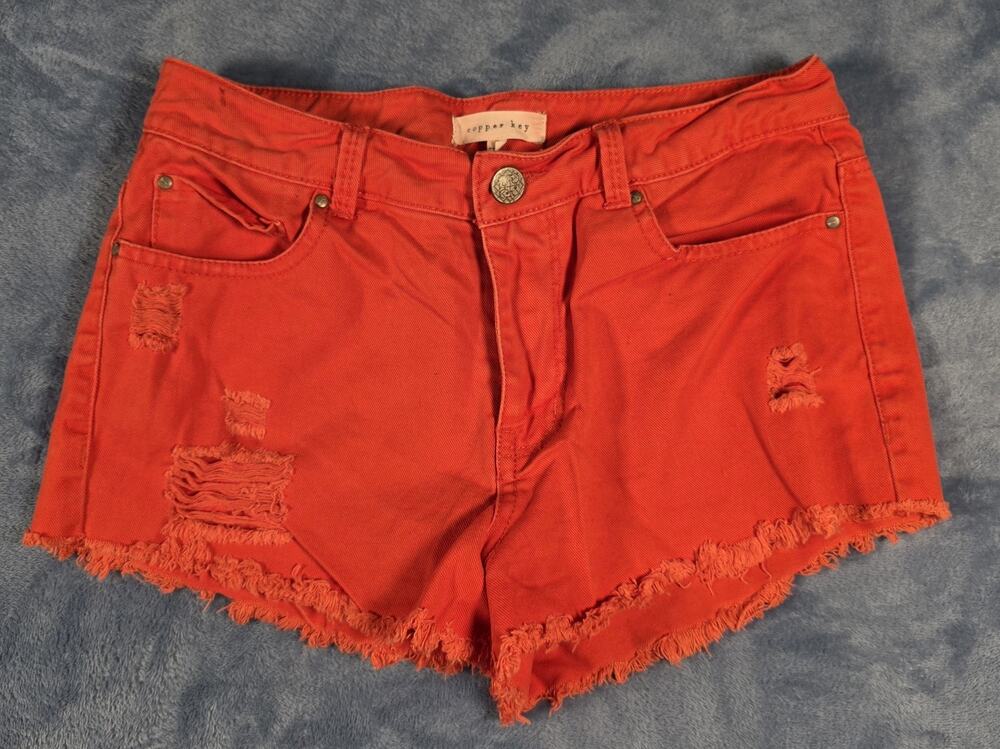 Copper Key Womens Juniors Size 3 Red/Orange Distressed Denim Shorts Frayed Hem